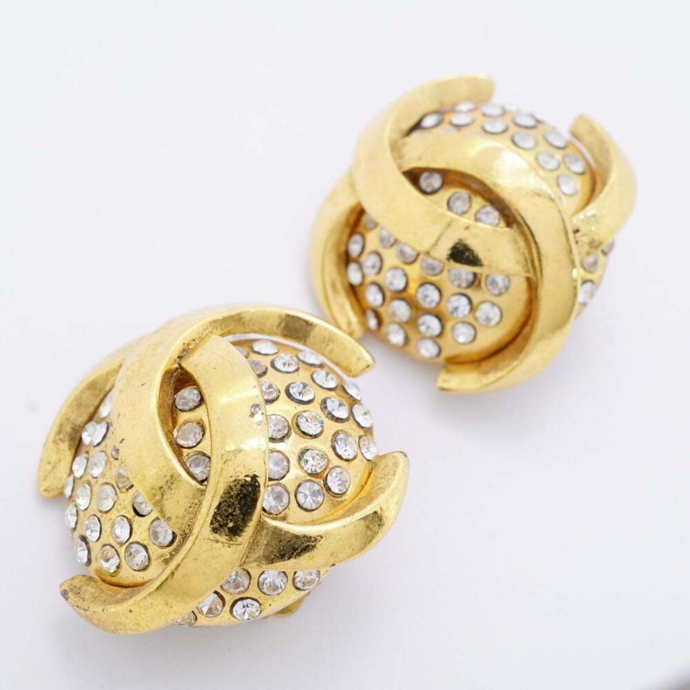 Chanel Earrings, Coco Mark Circle, GP Plated, Rhinestone, Gold, Women's - Picture 2 of 10